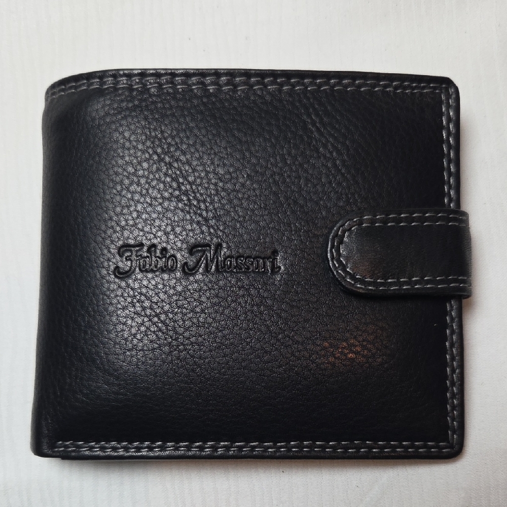 Fabio Massari Black Leather Men's Wallet with Snap Closure,(New Without Box).